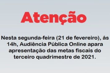 Audiência Pública para apresentação das metas fiscais será online na segunda-feira 